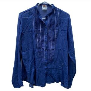 Free People One XS Navy Blue Button Front Sheer Long Sleeve Top